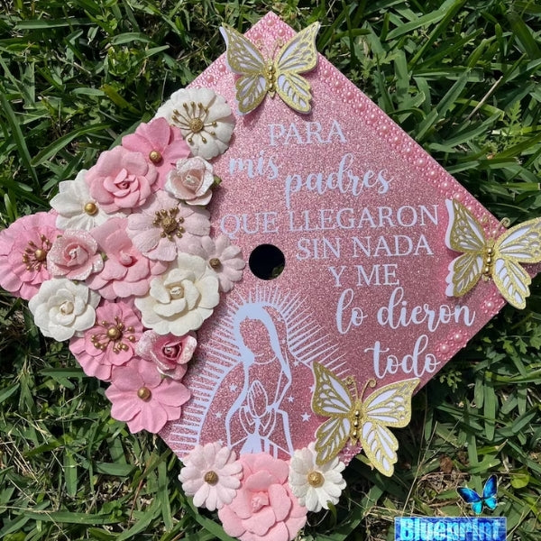 Pink Virgin Mary Graduation Cap showcasing a unique graduation cap idea.
