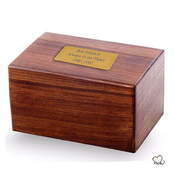 Elegant wooden urn for pets with personalized brass plaque, a timeless memorial gift