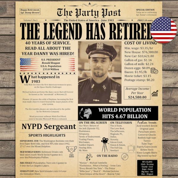 Police Retirement Newspaper Poster, a personalized touch to police retirement gifts.