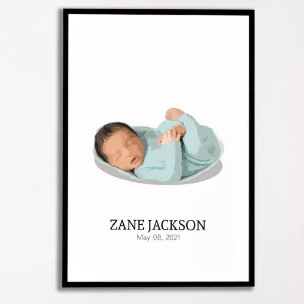 A personalized baby portrait by Portraits By Us celebrate the arrival of their bundle of joy