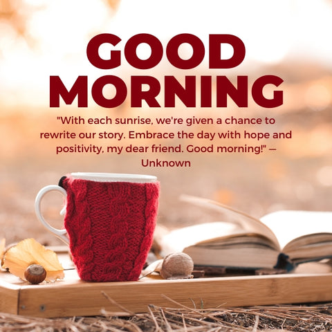 Red mug with a cozy knitted sleeve on a wooden table with an open book and autumn leaves, featuring a hopeful morning quote.