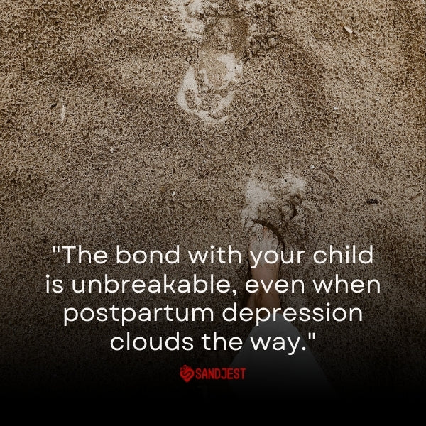 An imprint of a mother and child in the sand, coupled with a Sandjest quote on maternal bonds.