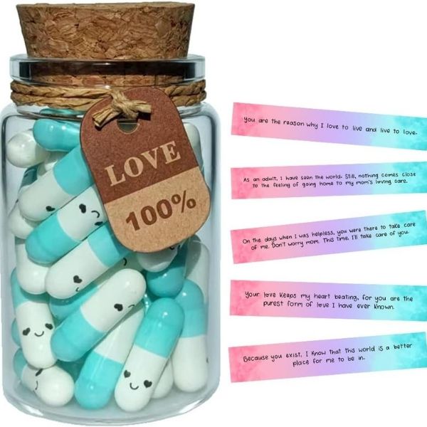 Gifts feature prewritten messages in capsules with lovely notes.