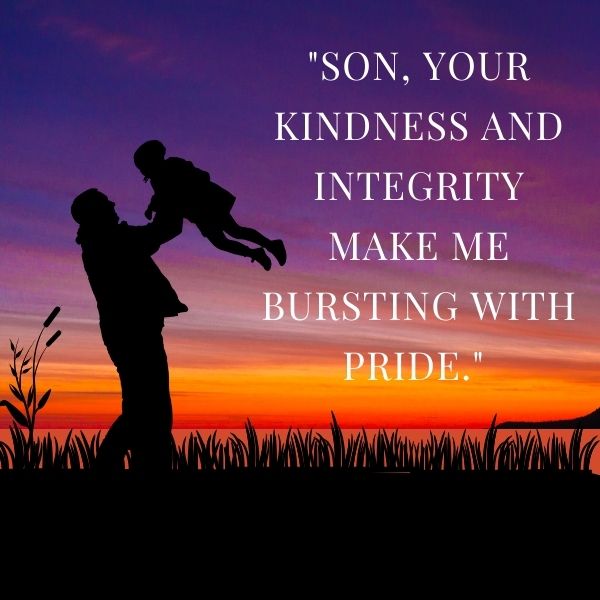 Father and son enjoying a vibrant sunset with a quote about pride and kindness