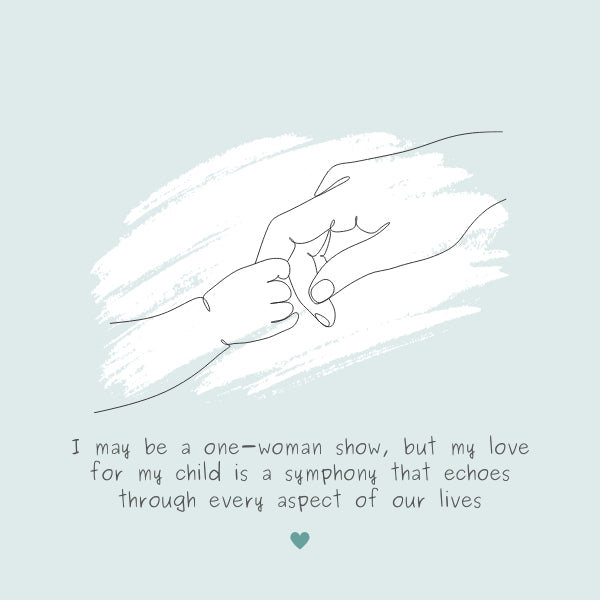 Drawing of a mother and child's hands with a quote about a mother's encompassing love.