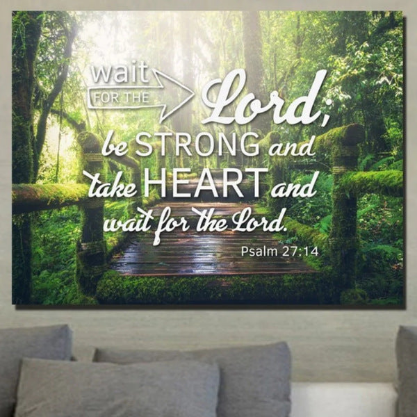 A Psalm 27:14 canvas wall art print, an elegant and faith-inspiring piece  Cap: