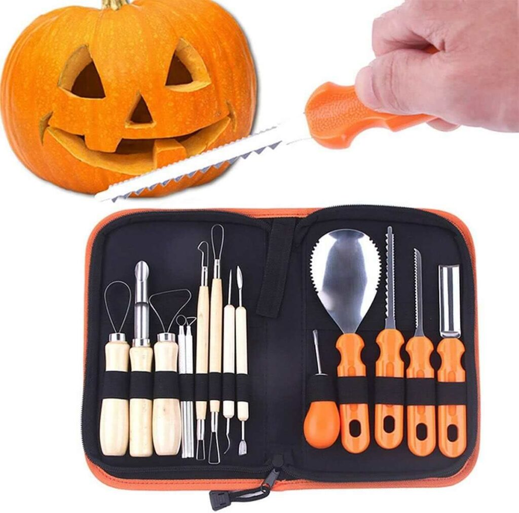 Essential pumpkin carving tools in a vibrant orange set