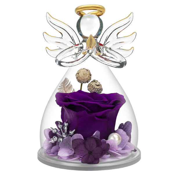 Purple rose flower in angel figurine, a decorative and spiritual keepsake for religious stepmoms.