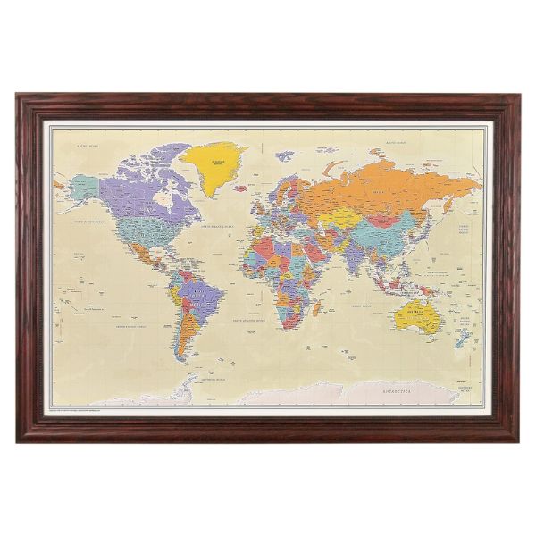 Push Pin Travel Maps with Solid Wood Cherry Frame, a personalized travel keepsake, an ideal anniversary gift for adventurous couples.