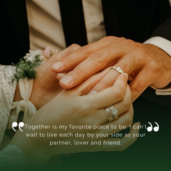 Newlyweds holding hands with a wedding quote about looking forward to being together as partners, lovers, and friends.