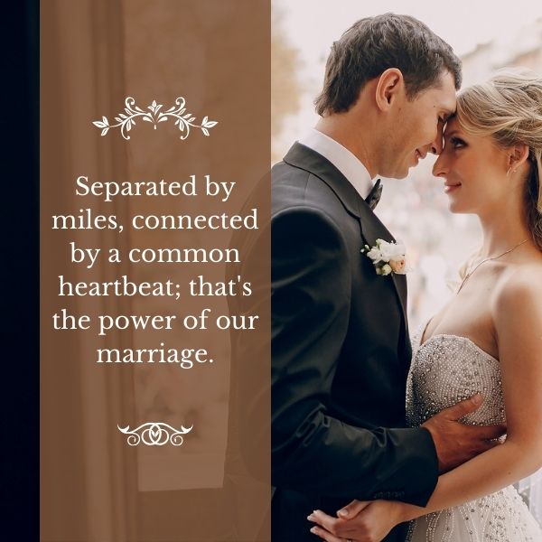 Bride and groom staring into each other's eyes, with a quote about the strength of their marriage connection.