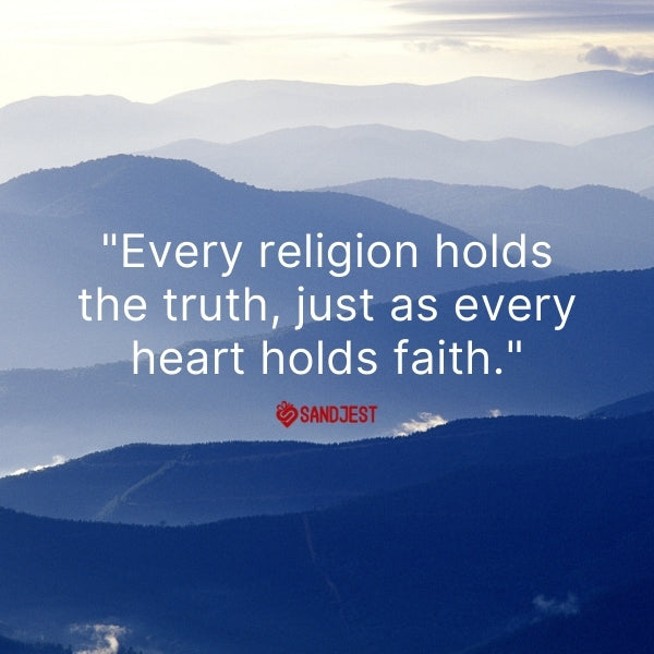 A scenic mountain view backdrop for a faith quote emphasizing unity in religious beliefs.