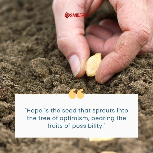 A hand planting a seed conveys a quote about hope and optimism, illustrating growth and potential.