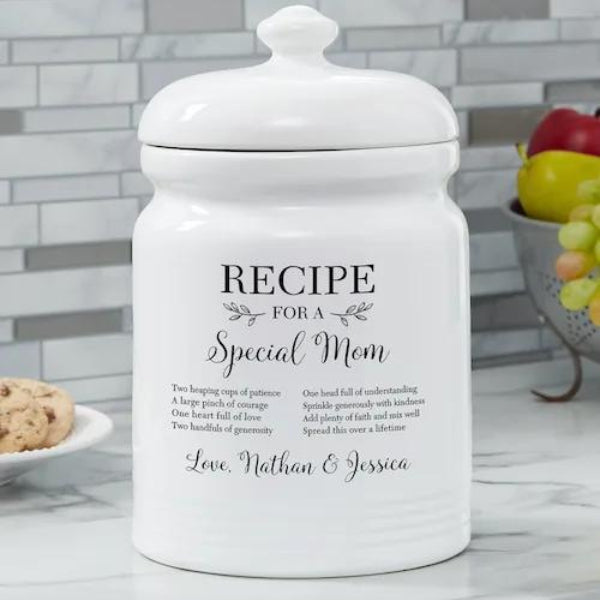 Personalized cookie jar with a 'special mom' recipe, a sweet kitchen addition for baking-loving stepmoms.
