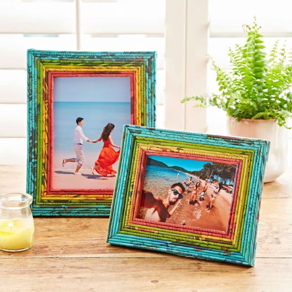 Eco-friendly Recycled Newspaper Photo Frame, a perfect International Women's Day gift for the environmentally conscious.