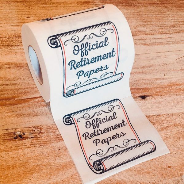 Retirement Papers Toilet Paper as a humorous gift for retiring coworkers.