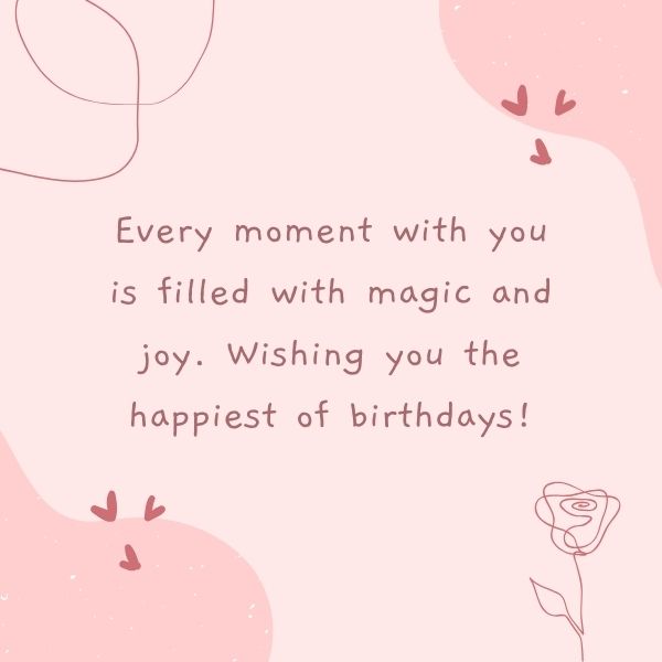 Sweet birthday card with a message of magic and joy on a pink whimsical background.