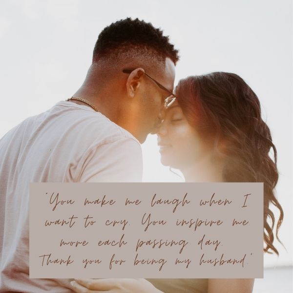Couple sharing an intimate moment with a love quote about husband's support