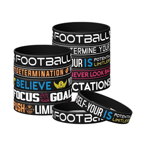 Motivational rubber bracelets, inspiring football gifts for boys with a message.