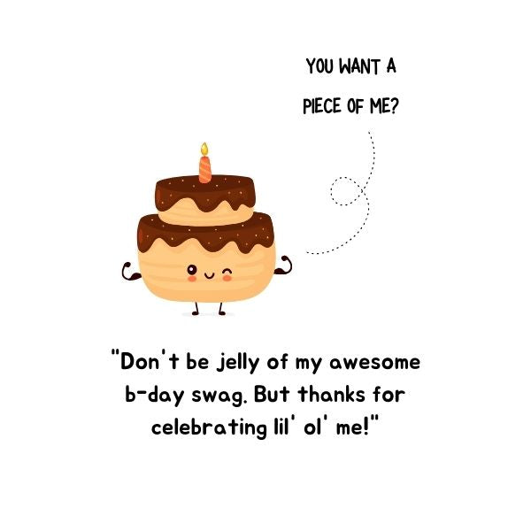 Whimsical birthday cupcake cartoon with a thank you message, celebrating birthday wishes with humor