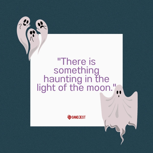 Three playful ghosts on a dark background with a haunting Halloween quote about the moon.