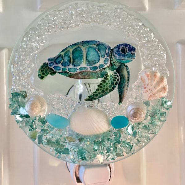 Sea Turtle Seashell Nightlight, casting a soft, oceanic glow, ideal for turtle gifts