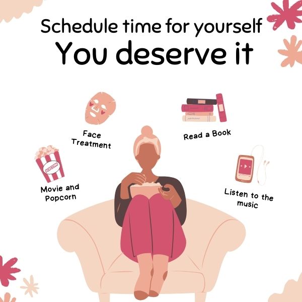 Cozy image of a woman reading with self care items around, with a quote encouraging scheduling personal time