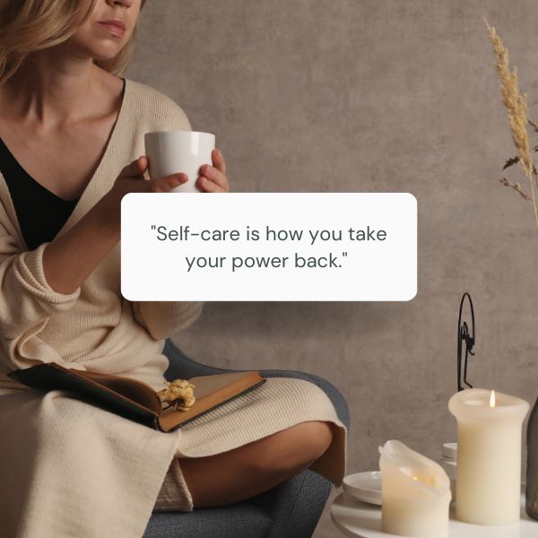 A woman enjoying a moment of self-care with a comforting cup and a profound quote on reclaiming power.