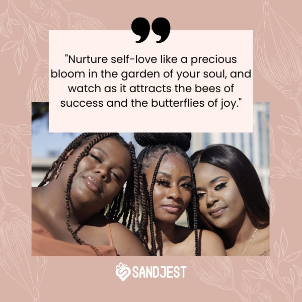 Three black women smiling together, embodying self-love and unity.