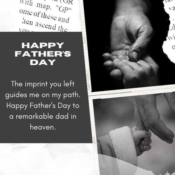 Black and white image of a father and child's hands with a Father's Day quote for a dad in heaven.