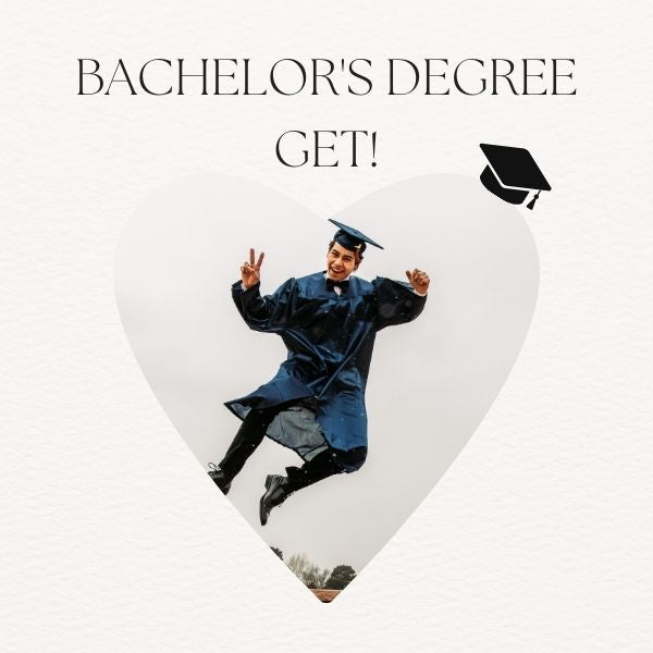 Joyful graduate jumping with a heart-shaped frame and a playful degree message