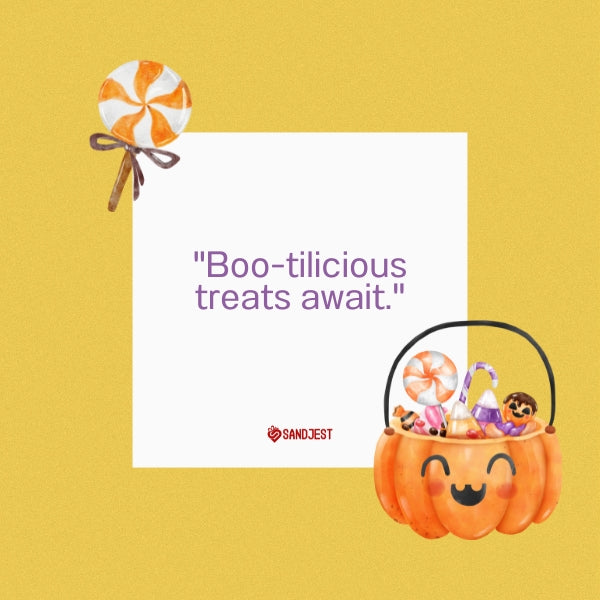 A festive Halloween candy graphic with a short and sweet Halloween quote.