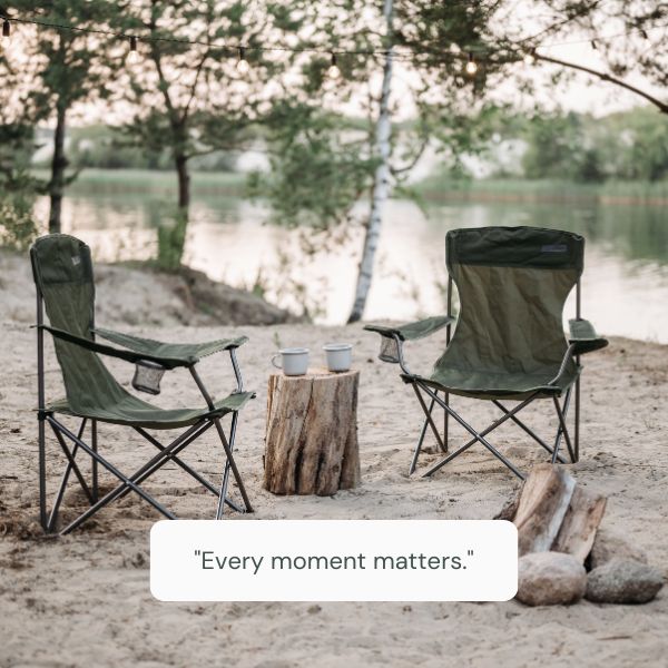 A serene camping scene by the river at dusk with a message about cherishing time.