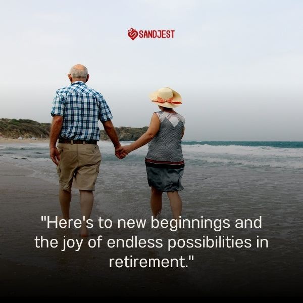 Elderly couple holding hands on the beach with a hopeful retirement message.