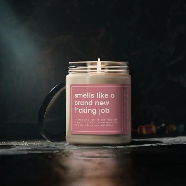 Smells Like a New Job' Funny Candle, a scented and humorous new job gift