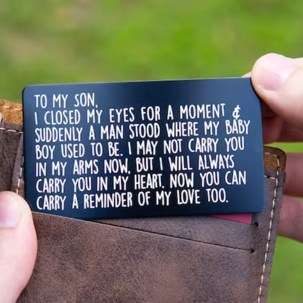 An exquisite Son Engraved Wallet Card, a timeless keepsake that fathers can gift to their sons, bearing a heartfelt message