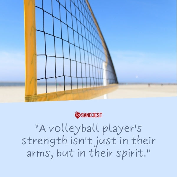 Volleyball net against a beach backdrop, representing sports quotes for volleyball players
