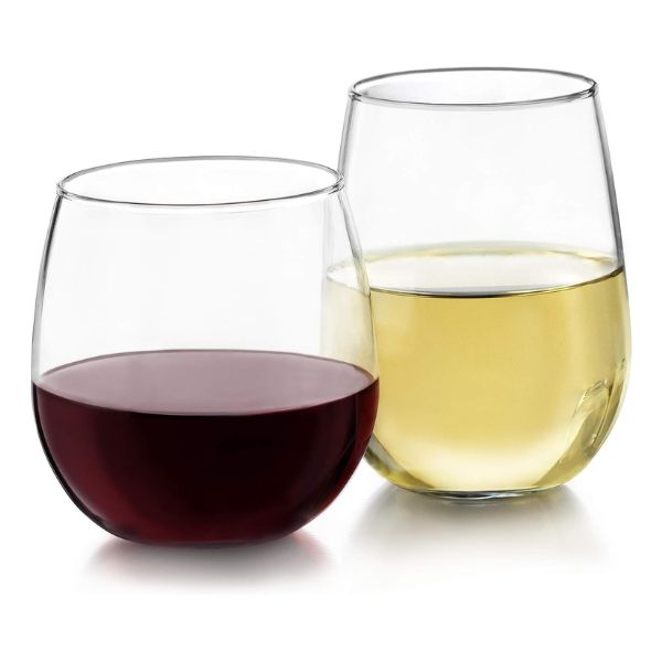 Stemless Wine Glasses filled with red and white wine, a chic and modern 3 year anniversary gift.