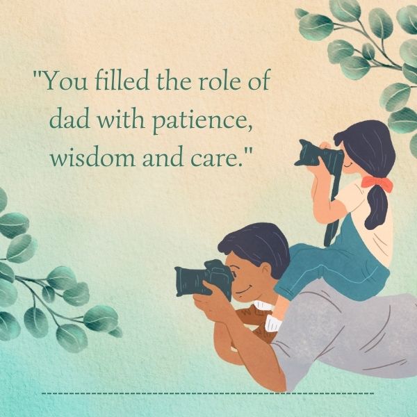 Illustration of a stepdad and child enjoying photography with a sentimental quote.