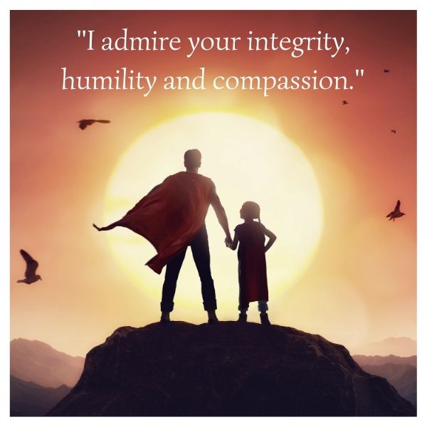 Silhouette of a stepdad and child in superhero capes with an admiring quote