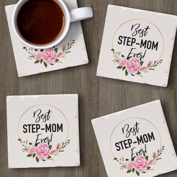 Set of stone coasters with custom sayings, a personal touch for stepmoms' gatherings and celebrations.