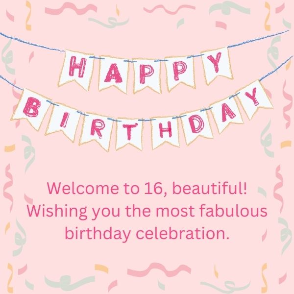 Sweet 16 birthday card with pastel bunting and festive streamers, celebrating a 16th birthday