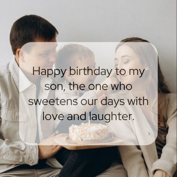 Parents and son sharing a birthday moment with cake, highlighted by a message of love and laughter.