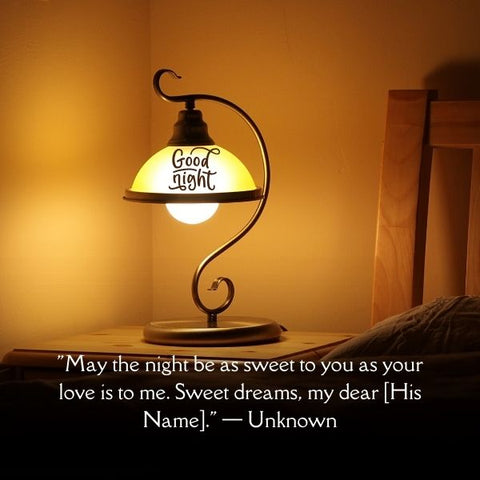 A lamp with a good night message for him in a cozy room