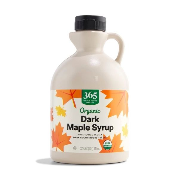 A bottle of 365 Organic Dark Maple Syrup, a natural sweetener for a Grandparents Day breakfast.