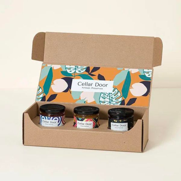 Assortment of Tasty Fruit Jams packaged beautifully, perfect as a sweet 4 year anniversary gift.