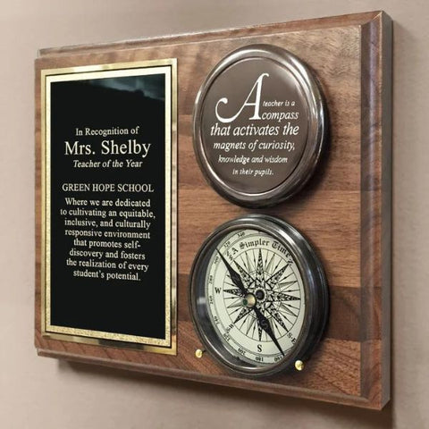 Teacher Compass on Personalized Wood Plaque, a symbolic retirement gift for educators.