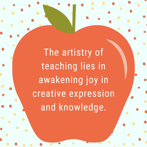 Red apple graphic with a teacher quote about awakening joy in learning.