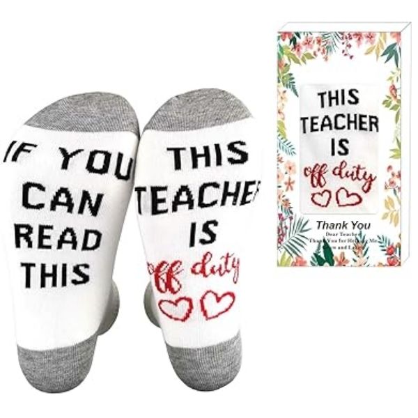 Add a touch of humor with Teacher Is Off Duty Socks, a fun accessory for teacher valentine gifts.