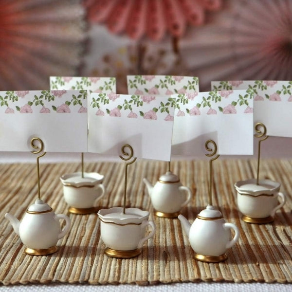Teapot and Teacup Place Card Holders, ideal for tea-themed events.